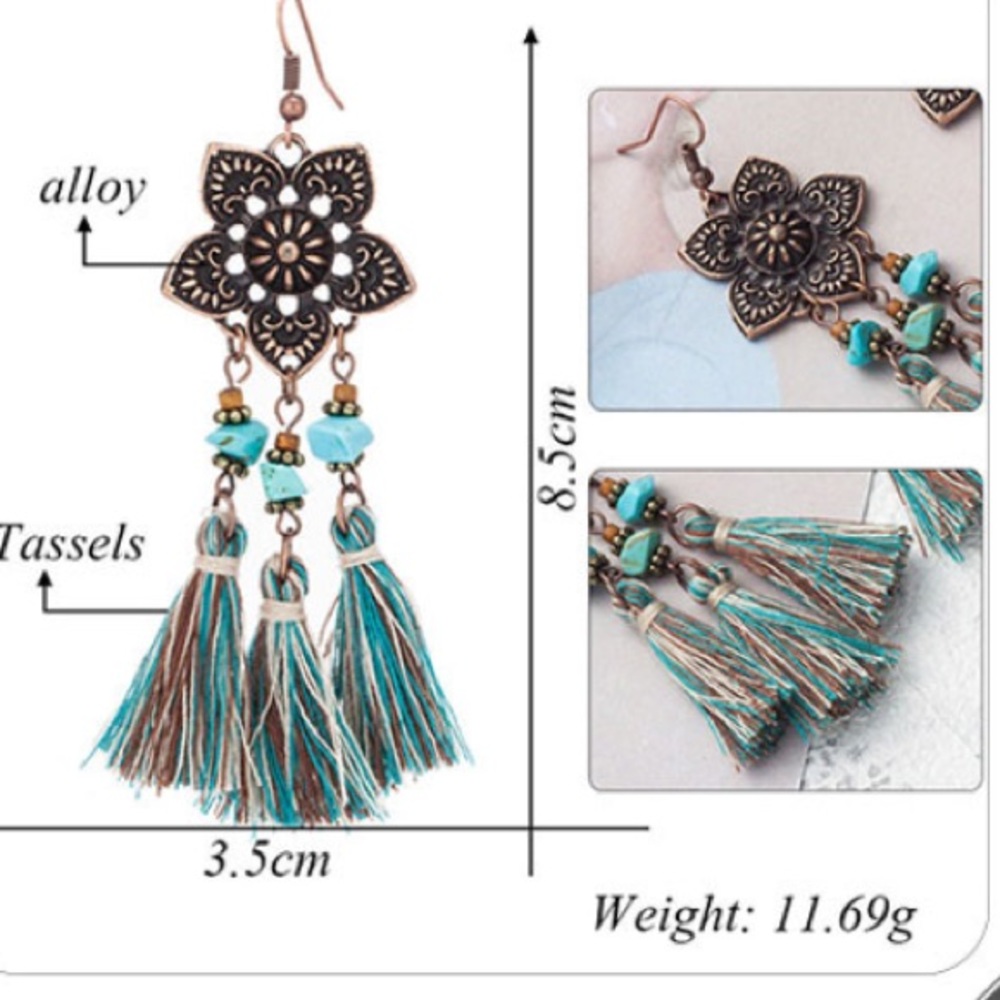 NEW🌙 Boho Turquoise Tassel Hippie Tribal Earrings - Picture 2 of 2